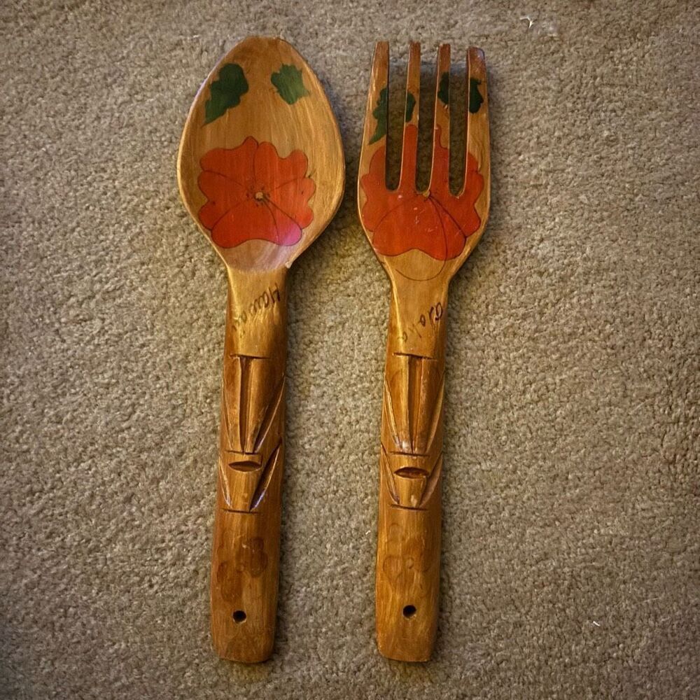Hawaii Tiki 13” Kitchen Fork & Spoon Tongs Hand Carved Wood